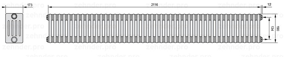 Схема (чертеж) Радиатор Zehnder Charleston 5019/46 №7610 Белый глянцевый RAL 9016